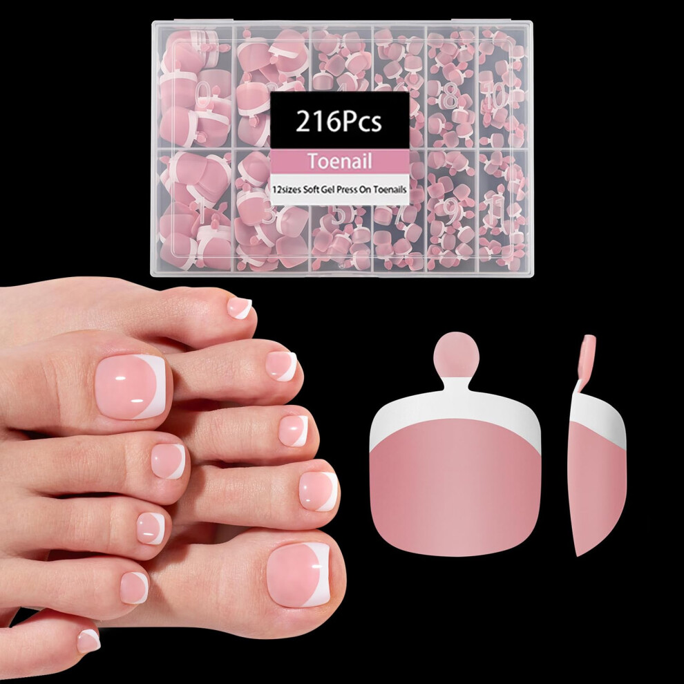 OPkssnails French Tip Press on Toenails Short 216pcs Pink White French Tips Toenail Press Ons Square for Women Soak Off Acrylic Fake Toenails in 12 S