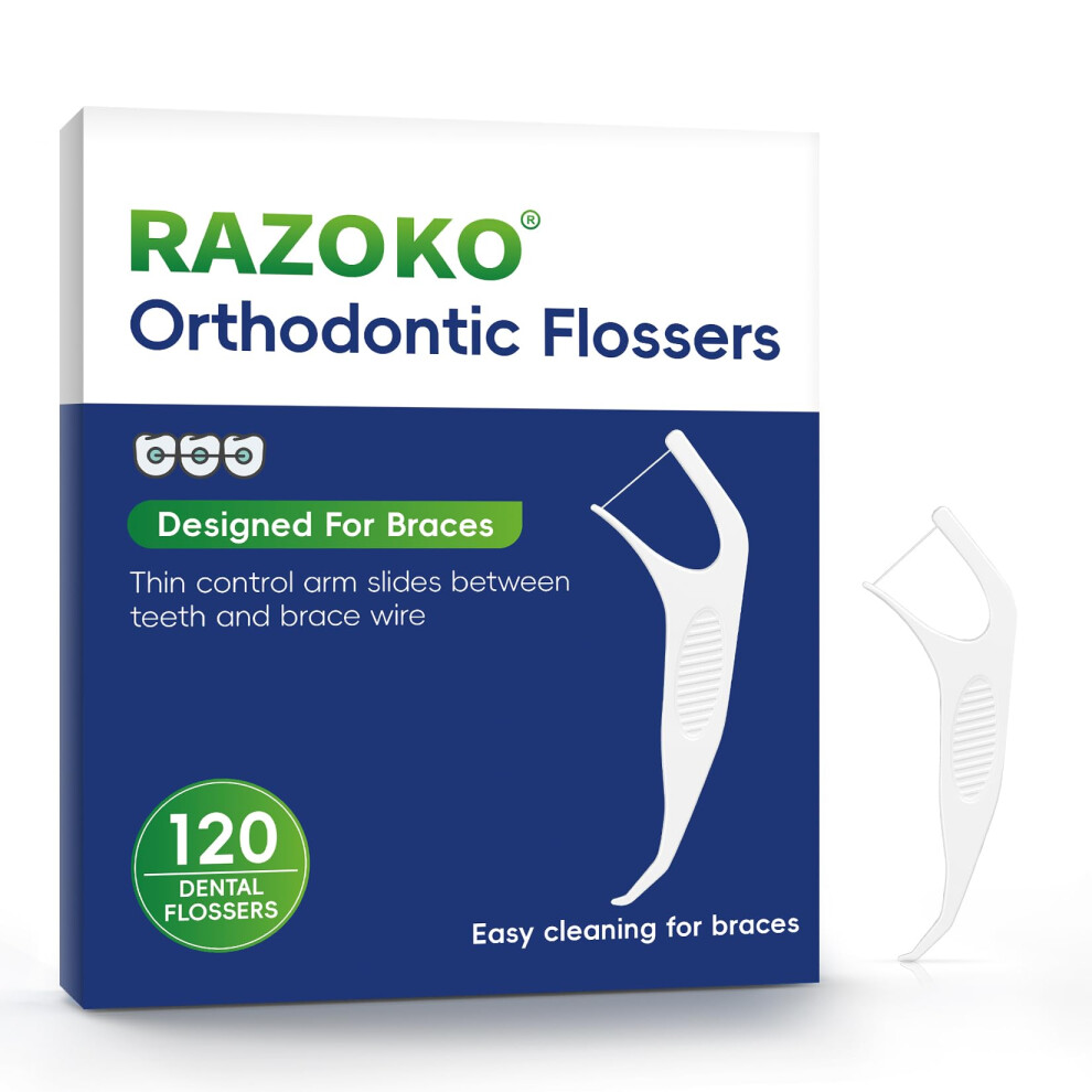 Razoko Orthodontic Flossers For Braces Ortho Dental Floss Picks For Adults & Kids Premium Thin Floss Designed For Braces Unflavored 120 Count