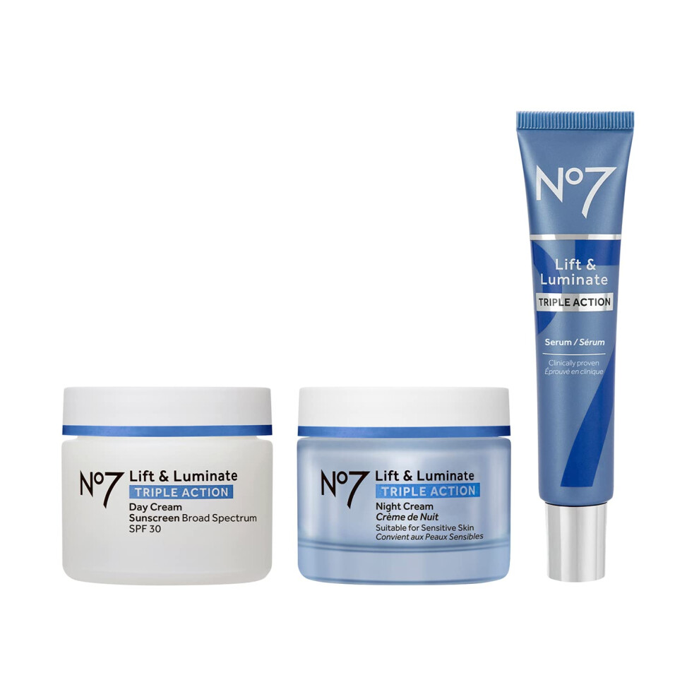 No7 Lift & Luminate Triple Action Skincare Set - Broad Spectrum Anti Aging Day Cream SPF 30 + Vitamin C Wrinkle Serum + Collagen Peptide Brightening N