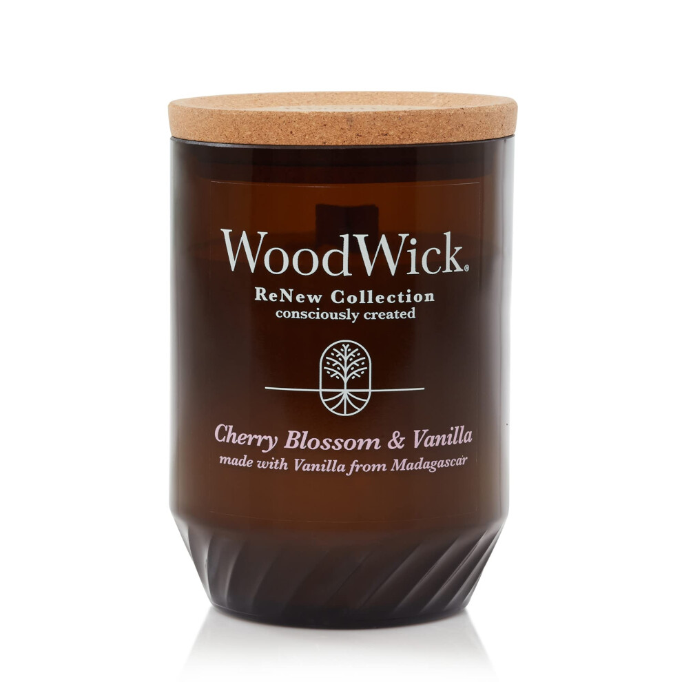 WoodWick Renew Large Candle  Cherry Blossom & Vanilla Scented Candles  13oz  Plant Based Soy Wax Blend  Made with Upcycled Materials and Essential Oil