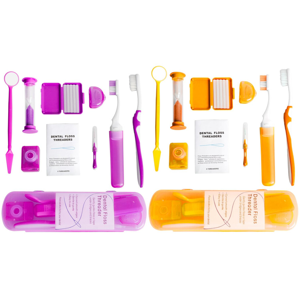 Wengu Purple/Orange Portable Orthodontic Oral Care Kit - 2Pack - Travel Kit For Patients Interdental Brushing Wax Floss Toothbrush Cleaning( & Orange)