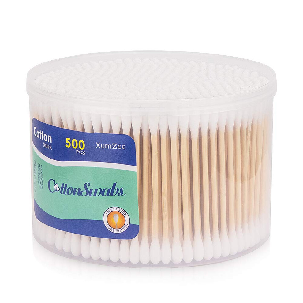 Xumzee 500 Count Cotton Swabs With Strong Bamboo Sticks By Pure Natural Cotton Heads Biodegradable Cruelty-Free Cotton Buds