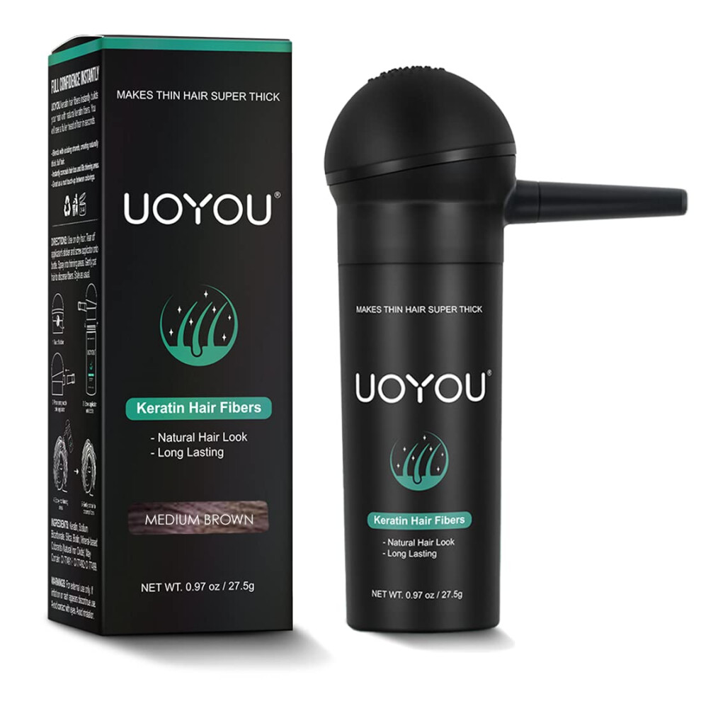 Uoyou Brown Medium Hair Fibers For Thinning Hair 27.5G Bottle With Applicator | Natural Keratin Hair Fibers Concealer For Hair Loss For Men And Women | Hair