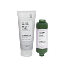 VOESH Shower & Empower Duo Lavender Land Witamina C Filtr prysznicowy Zluszczajacy peeling cukrowy Plyn do mycia ciala Clean Zestaw do pielegnacji pr
