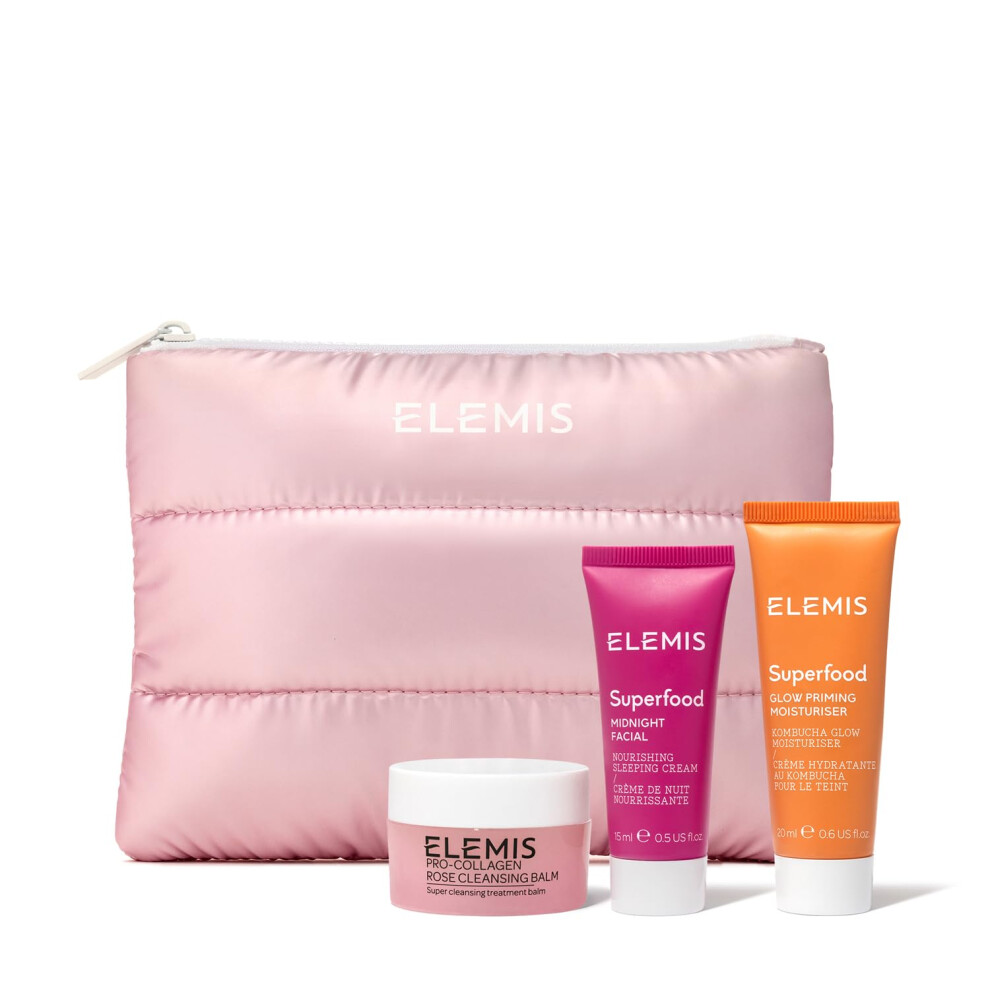 ELEMIS Way to Glow Skincare Kit  Travel Set with Travel-Size Rose Cleansing Balm  Glow Priming Moisturizer & Midnight Facial  Nourish & Illuminate Ski