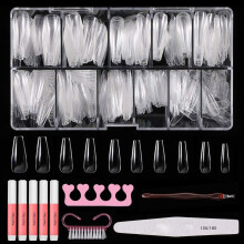 False Nails Set 500pcs Coffin Ballerina False Nail Tips (Clear Full Cover) with Box 5 Pcs Nail Glues Nail Fork Nail File Acrylic False Nail Extensi