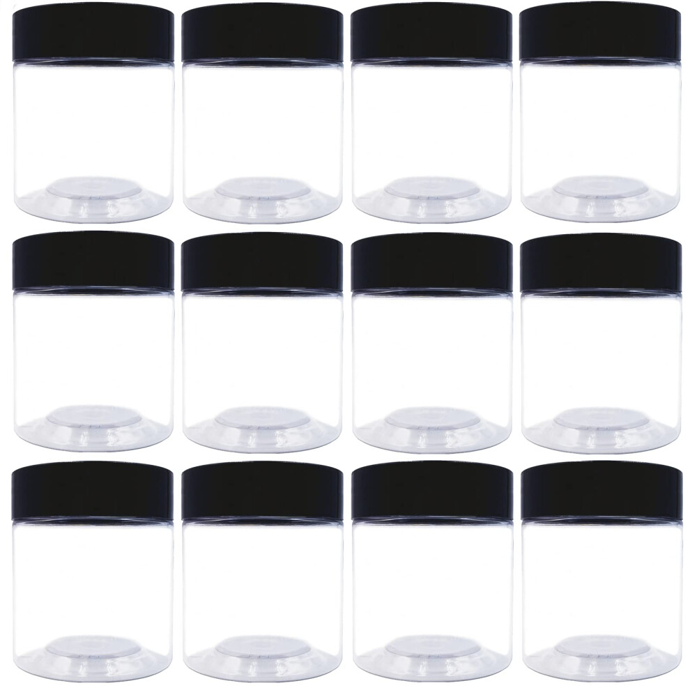 Hodooly Black 12 Pack 4 Oz Plastic Jars Wide-Mouth Clear Storage Containers With Lids Empty Round Clear Plastic Jars With Lids And Labels For Body Butter Ba