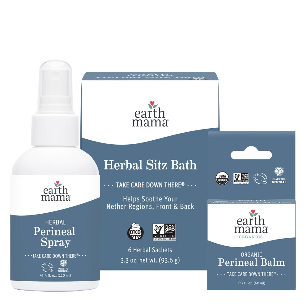 Earth Mama Postpartum Recovery Kit Take Care Down There Trifecta With Organic Perineal Balm Sitz Bath & Herbal Peri Spray 3-Piece Set