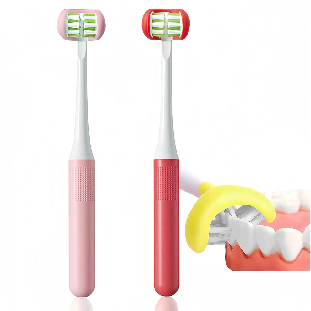 Forevive Spazzolino Da Denti A 3 Lati Per Autismo, Con Setole Morbide E Delicate Per La Cura Completa Dei Denti E Delle Gengive, 2 Pezzi, Per Bambini (Rosa + Rosso)-image
