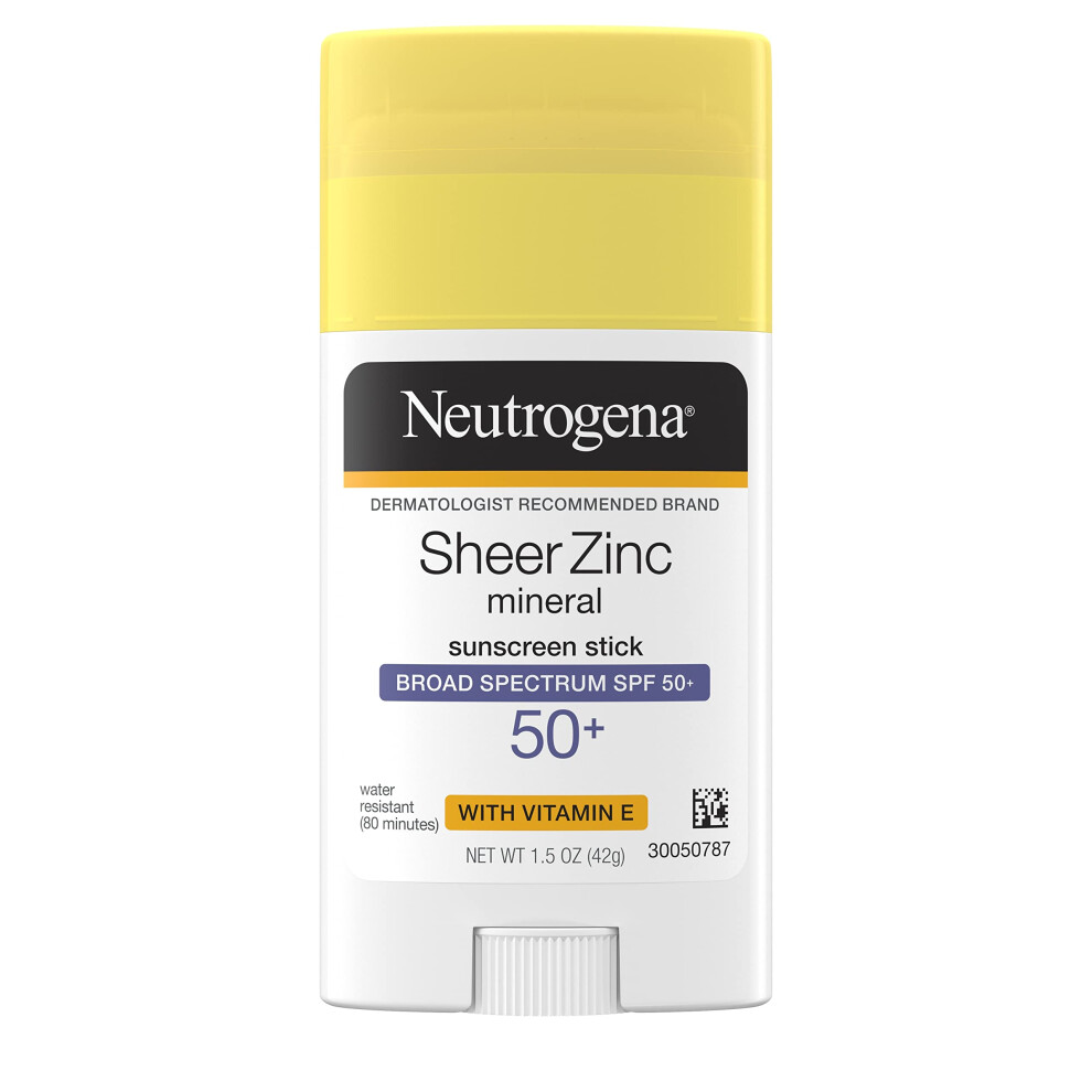 Neutrogena Sheer Zinc Oxide Mineral Sunscreen Stick with Vitamin E  Broad Spectrum SPF 50+ & UVA/UVB Protection  Water Resistant & Residue-Free Applic