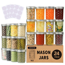 SKOCHE Mason Krukker 8 ounce 24 Pack Half Pint d?seglas med almindelige luftt?tte l?g og b?nd Sm? 8 oz glaskrukker med l?g Ideel til fermentering