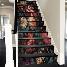 REDAMANCY Vintage Colorful Peony Flower Abstract Art Dark Black Floral Peel and Stick Vinyl Stair Riser Decals Staircase Tile Stickers Decor Mode