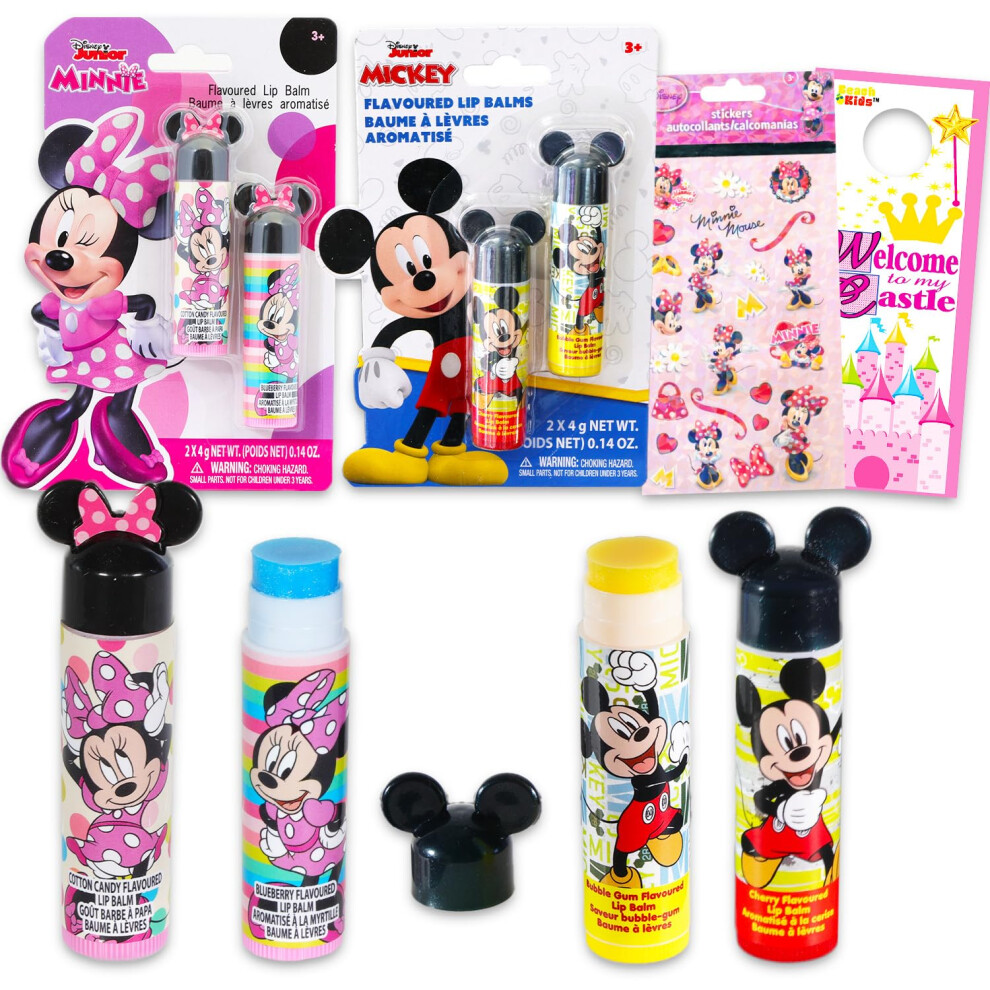 Disney Mickey and Minnie Mouse Lip Balm Tubes - Bundle with 4 Mickey and Minnie Lip Balms in Assorted Flavors for Party Favors Plus Stickers  More | D
