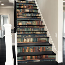 REDAMANCY Vintage Bookshelf Colorful Books Creative Book Cabinet Peel and Stick Vinyl Stair Riser Decals Staircase Tile Stickers Decor Modern Marble