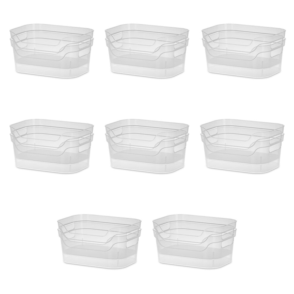Sterilite 9.5 x 6.5 x 4 Inch Small Open Scoop Front Clear Storage Bin with Comfortable Carry Through Handles for Household Organization (32 Pack)