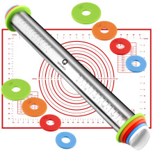 Rolling Pin and Pastry Baking Mat Set Rolling Pins with Adjustable Thickness Rings Stainless Steel Dough Roller for Baking Fondant Pizza Pie
