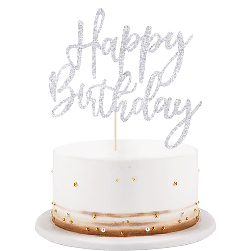 Lveud Glitter Happy Birthday Cake Topper Happy Birthday Taartdecoratie Geschikt Voor Feestdecoratie Voor Jubileum/Verjaardag (Zilver)-image