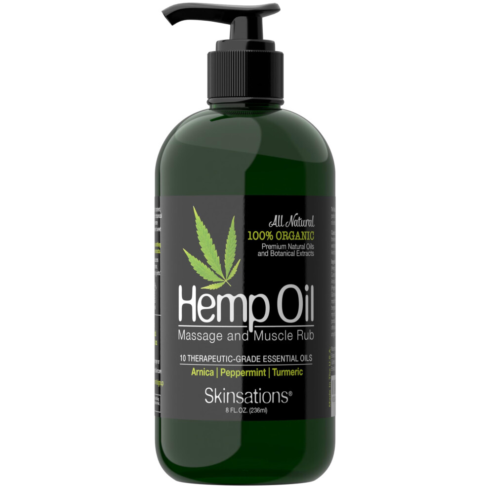 Skinsationer Skinsations - Hemp Massage Oil & Sore Muscle Rub | 100% Organic 10 Essential Oils For Natural Relief Arnica Turmeric Peppermint Lavender In A Swe