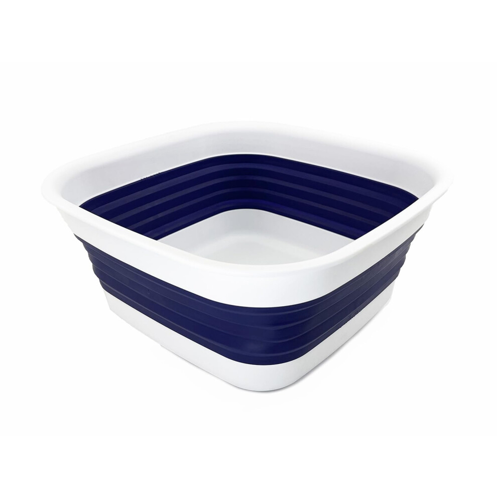 Sammart White/Blue 8L (2.1 Gallon) Collapsible Tub - Foldable Dish Tub - Portable Washing Basin - Space Saving Plastic Washtub (/Navy Blue)