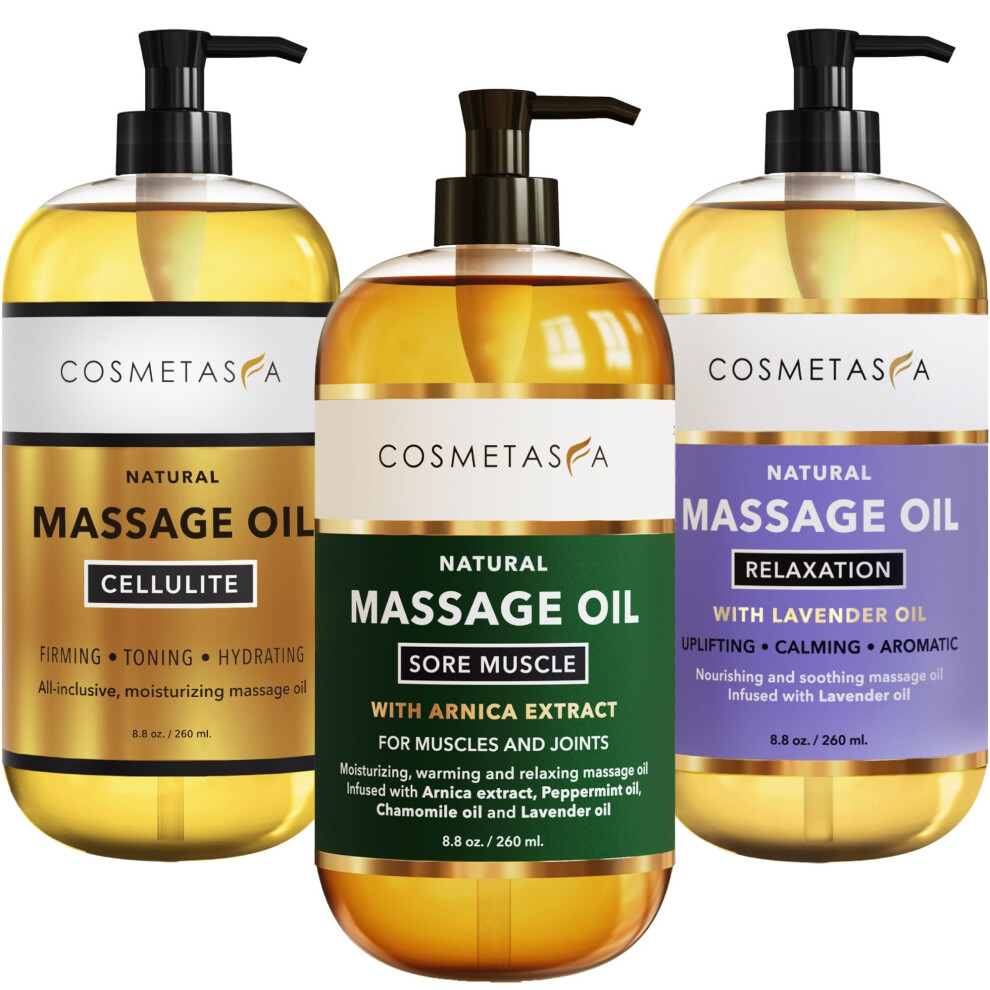 Cosmetasa Massage Oil Set - Arnica & Peppermint Sore Muscle Relief Cellulite & Body Massage Oils - Gua Sha Therapy Lavender