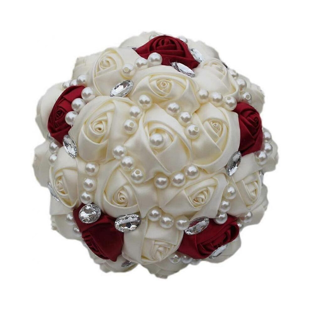 Romantic Wedding Bouquet Silk Flower Bride Holding Rose with Pearl Crystal Ribbon Valentine's Day (Ivory + Wine Red)