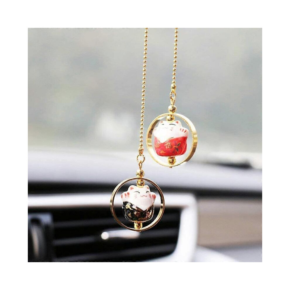 Lucky cute lovely Cat Car Charm Porcelain Figurine Hanging Pendant (Black & Red)