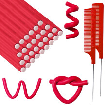 60 Pieces Flexible Curling Rods and Twist Foam Flexi Rods with Steel Pintail Comb for Women Girls Long and Short Hairstyles (9.45 x 0.31 Red)