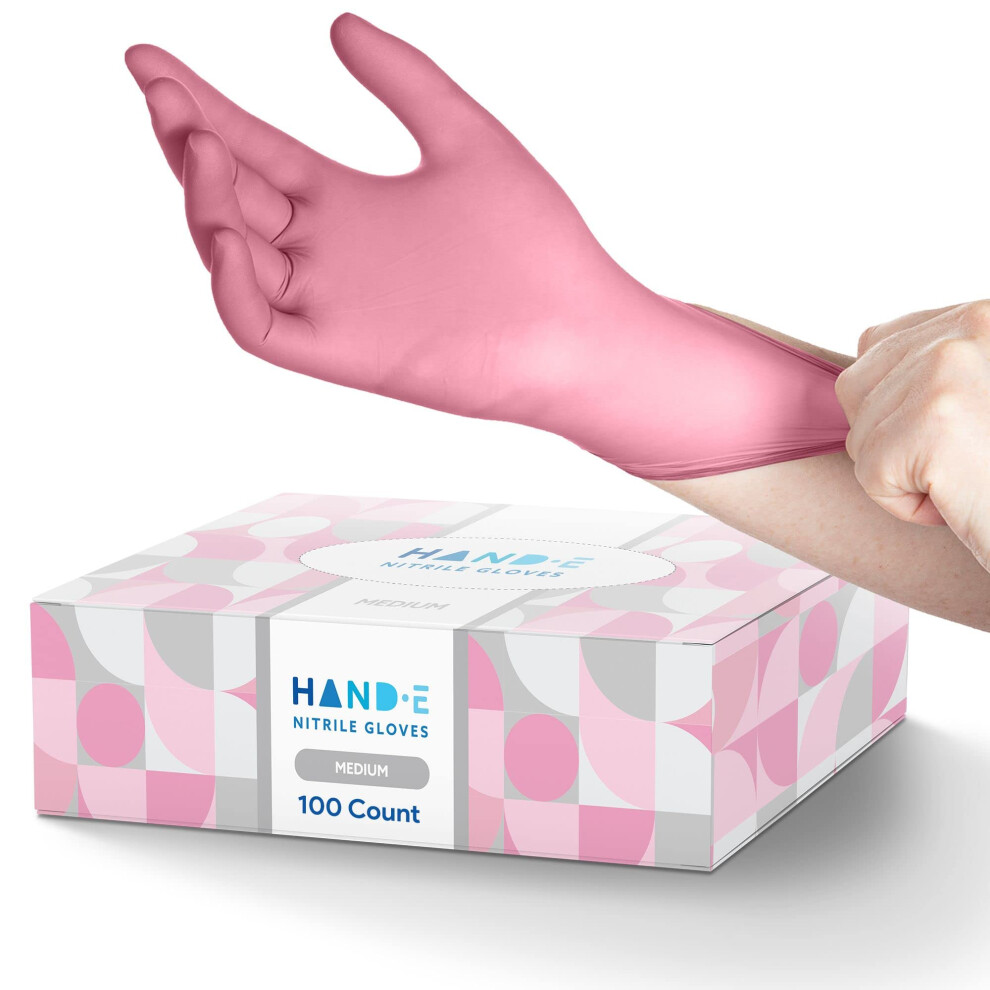 Gants jetables Hand-E Touch en nitrile rose, taille M, 100 unit   s - Gants de nettoyage pour salon d'esth   tique, manucure, microblading, teinture