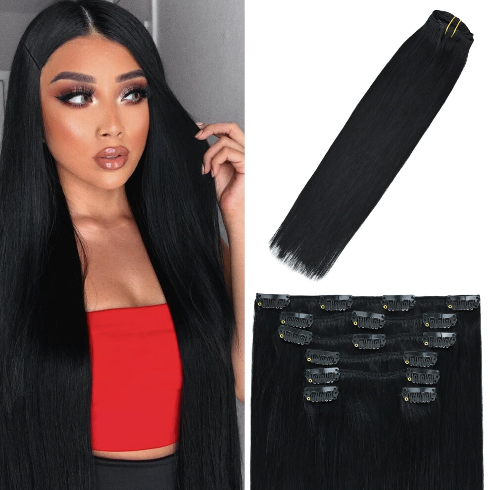 Windtouch Unisex Black Clip In Hair Extensions Real Human Hair #1 Jet Hair Extensions 15Inch 7Pcs 70G Straight Remy Human Hair Clip In Extensions Soft Natura