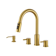Tohlar 4 Hole Kitchen Faucet  Brushed Gold Kitchen Faucet with Soap Dispenser and Pull Down Sprayer 3 Modes Kitchen Sink Faucets  Stainless Steel High