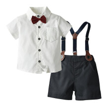 (130cm) Summer Children's Clothing Boys White Short Sleeve Shirt + Black Straps Shorts Set