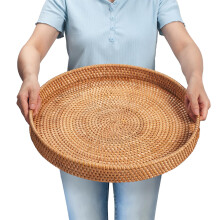 Rattan-Serviertablett, runder Obst-/Brot-Servierkorb aus Korbgeflecht, extra großes dekoratives Ottoman-Tablett für Wohnzimmer, Couchtisch, Frühs