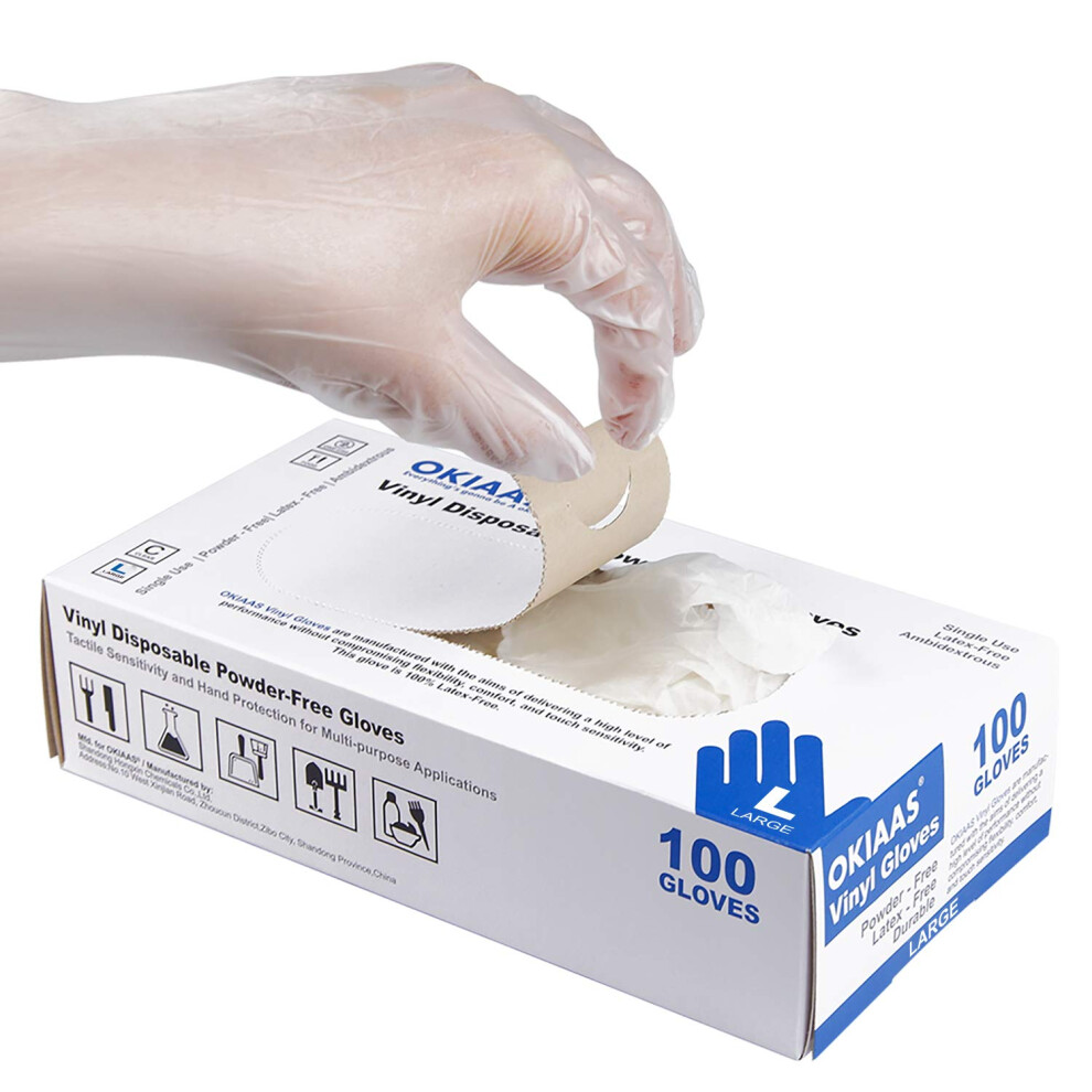 Okiaas Disposable Gloves L Food Safe| Latex-Free And Powder-Free Clear Vinyl Gloves For Cooking Food Prep Household Cleaning | Medium 100 Counts/Bo 778836622771