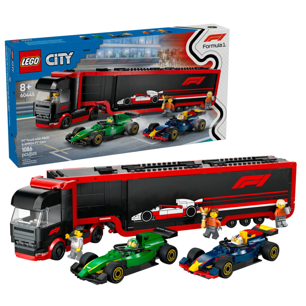 Lego City F1 Truck With Rb20 & Amr24 F1 Car Toys - Model Car Building Toy Set For Kids, Boys And Girls, Ages 8+ - F1 Collectible For Fans - Gift Idea