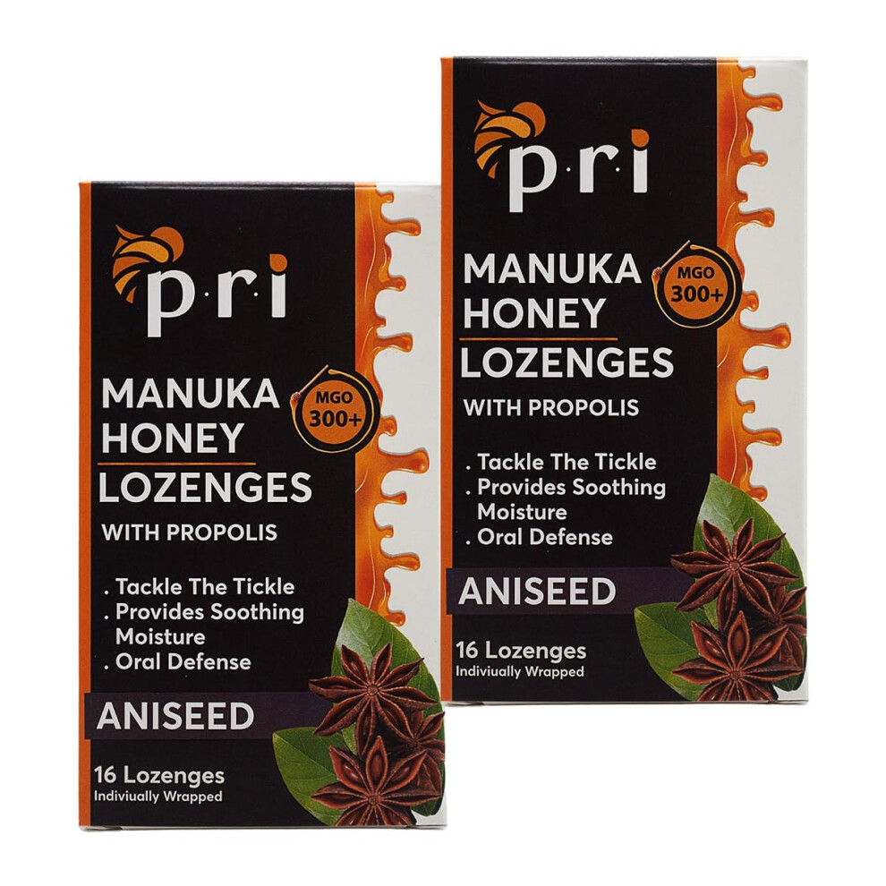 P.r.i Manuka Honey Lozenges With Propolis Soothing Cough And Throat Drops Mgo 300+ Certified (Original Aniseed 16 Count/2 Pack)