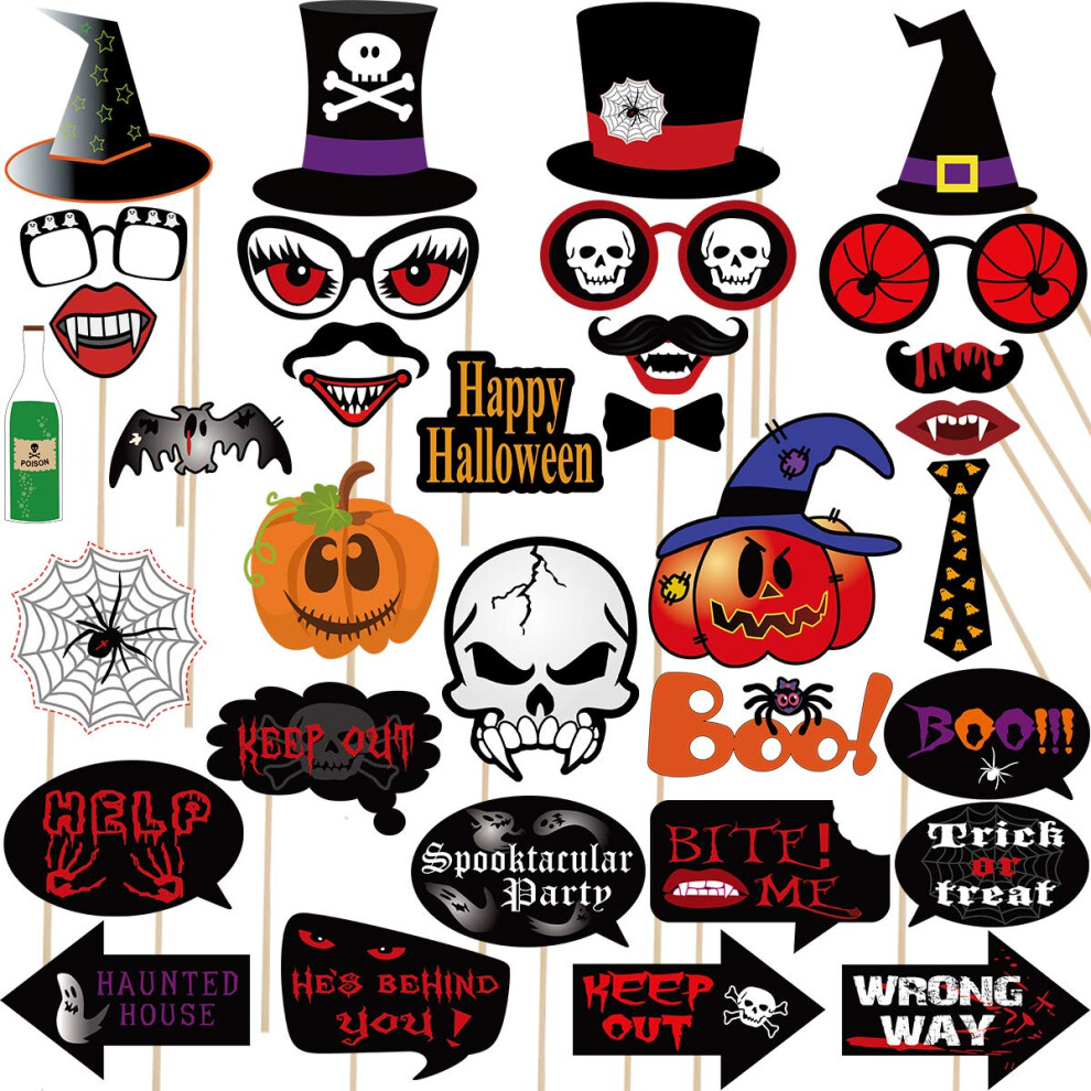 Halloween Large Photo Booth Props(35pcs) for Halloween Party Supplies  Creepy Costume Props with Sticks for Halloween Decorations  Black  Red Trick or