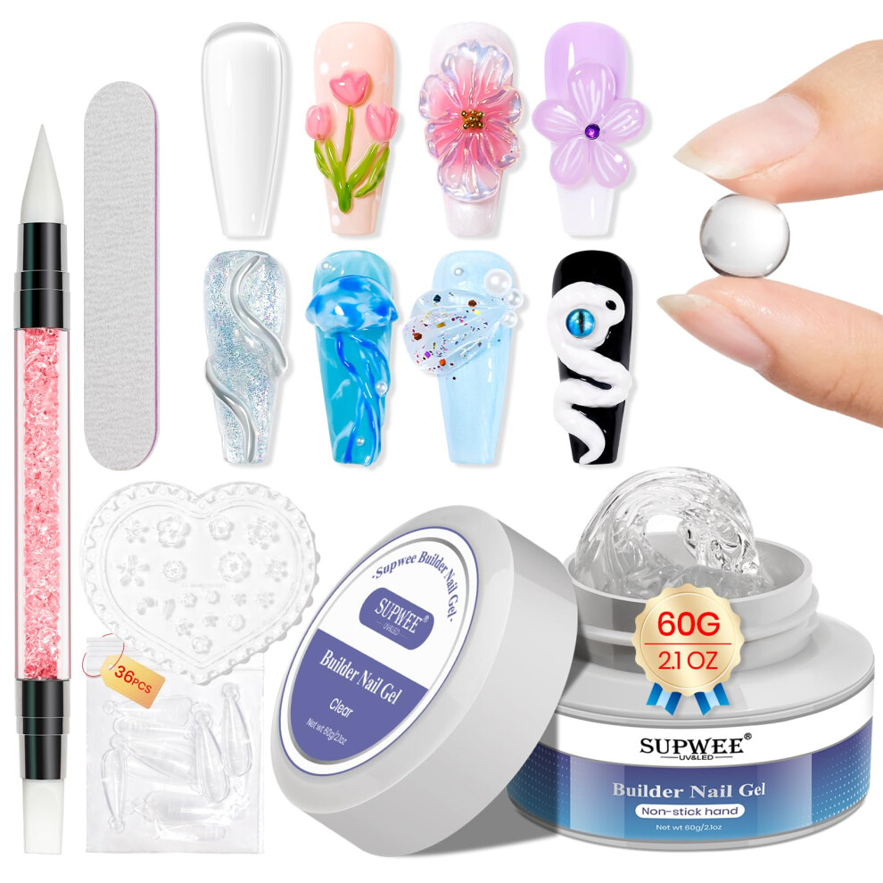Supwee Solid Builder Gel 60G Clear Nail Builder Gel Large Capacity Hard Gel For Nails Non-Sticky Sculpting Gel For Nail Carving Strengthen 3D Modeling