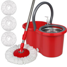 360 Mop and Bucket Set, Spin Mop Bucket with Wringer, Microfiber 3 Mop Replacement Heads, Mops for Floor Cleaning, Mop with Bucket (Red)
