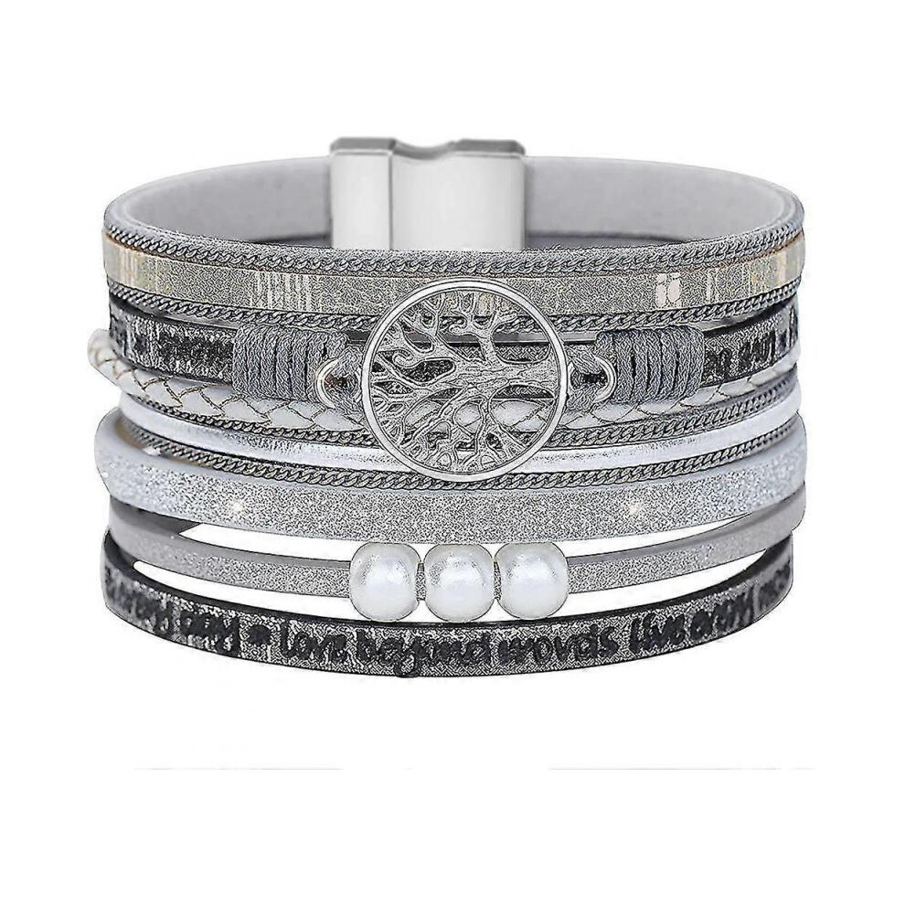 Tree Of Life Bracelet Multilayer Leather Wrap Cuff Bangle Magnetic Buckle