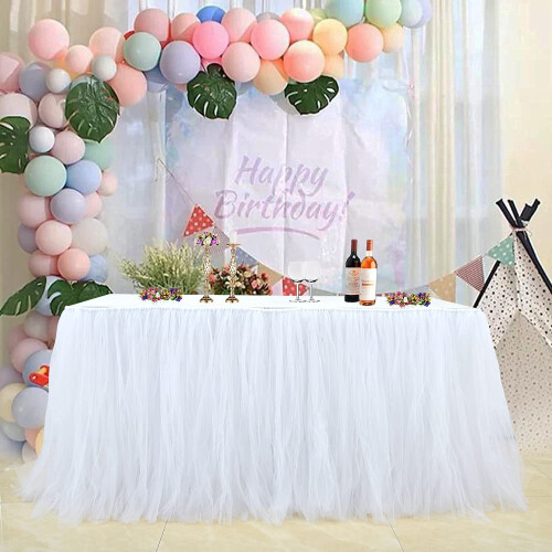 Wisafory Gonna da tavolo in tulle, per tavolo, in tulle, decorazione da tavolo, per matrimonio, compleanno, battesimo, baby shower, banchetto, decorazione rosa, lunghezza 183 cm x altezza 77 cm