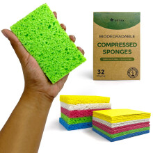 AIRNEX Biodegradable Compressed Cellulose Sponges - Pack of 32 Pop Up Natural Dish Sponges - Multicolor Non Scratch Sponges for Dishes - Heavy Duty M