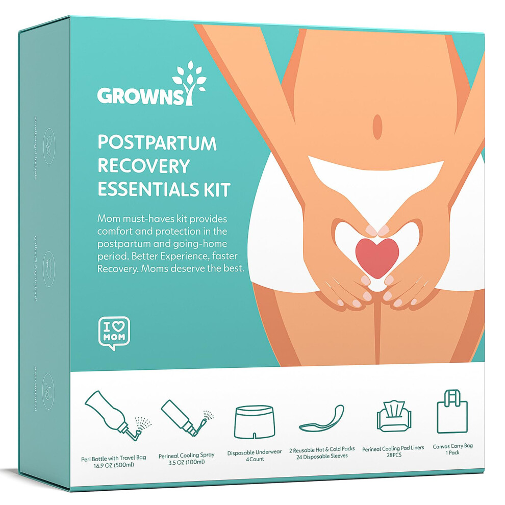 Voksen Grownsy Postpartum Essentials Recovery Kit For Labor & Delivery | Postpartum Kit For Women | Includes Upside Down Peri Bottle Perineal Spray Cooling