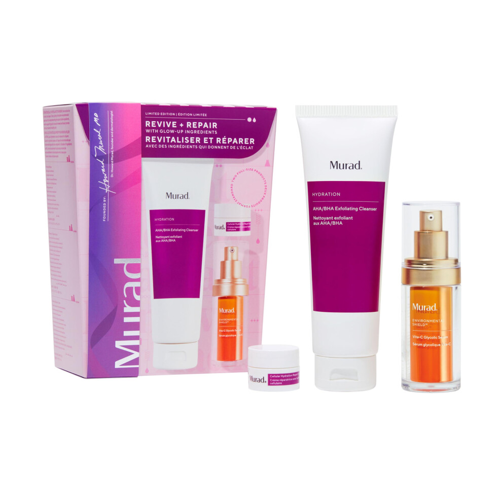Murad Revive + Repair w/ Glow Up Ingredients - 3-Piece Set ($135 Value) - Regimen for Total Skin Health - AHA/BHA Cleanser 5.0Fl Oz  Glycolic Serum 1.