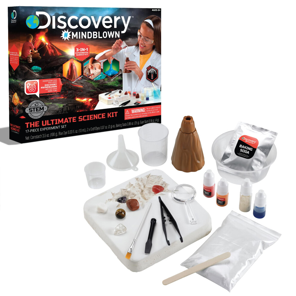 Discovery Kids #Mindblown Ultimate Science Experiment 17 Pc Kit Perform 4 Experiments! Make Slime Build A Volcano & Dig For Gems Educational Toy Fo