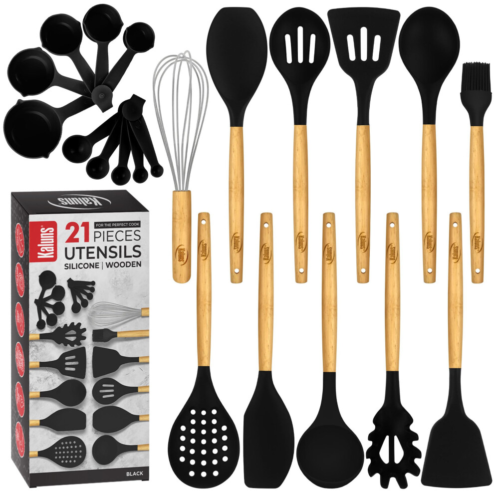 Kaluns Silicone Kitchen Utensils Set Premium Non Stick Silicone Cooking Utensils Set - 21 Pcs Wooden Handle Silicone Spatula Set 446F Heat Resistant