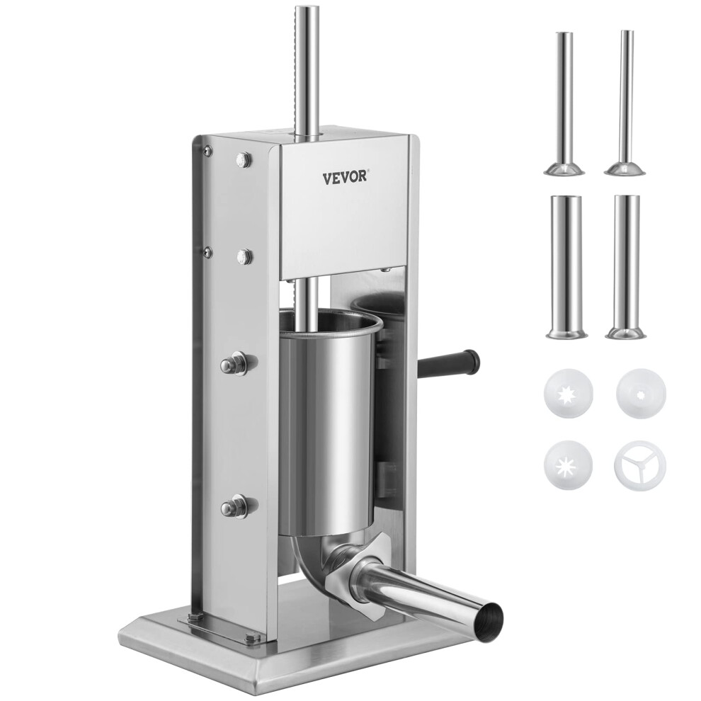 VEVOR Sausage Stuffer  Manual 7LB/3L Capacity  Two Speed 304 Stainless Steel Sausage Filling Machine with 4 Stuffing Tubes  Silver