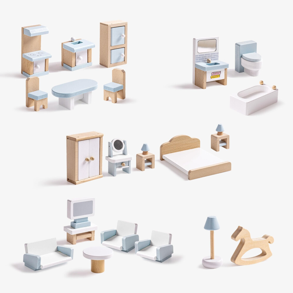 ROBOTIME Meubles de maison de poupée Ensemble de meubles de maison de poupée en bois 23 pièces Accessoires et meubles de maison de poupée Meubles