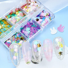 6 Grids Holographic Easter Nail Art Glitters Bunny Nail Art Supplies Sequins 3D Cute Easter Nails Glitter Flakes Colorful Acrylic Nail Confetti Nail