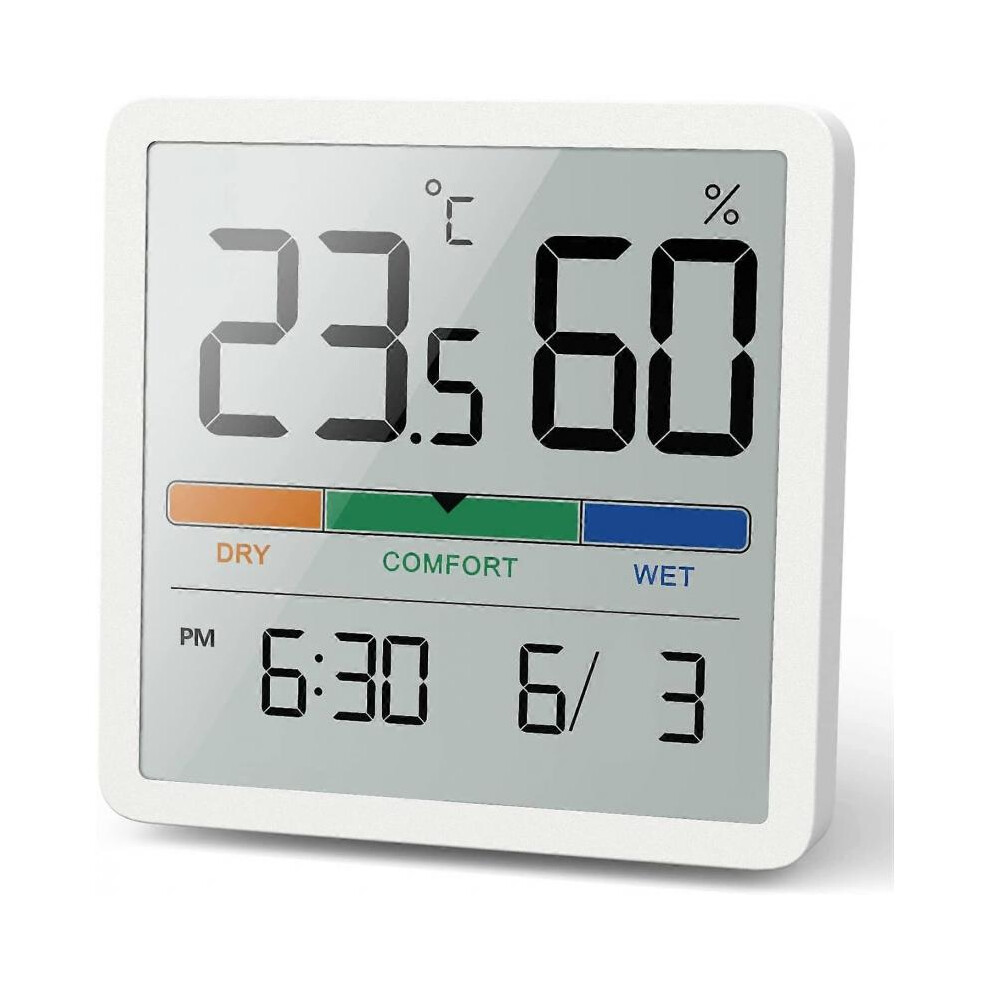 White Hygrometer Indoor Thermometer, Desktop Digital Thermometer With Temperature And Humidity Monitorwith Clock (White)