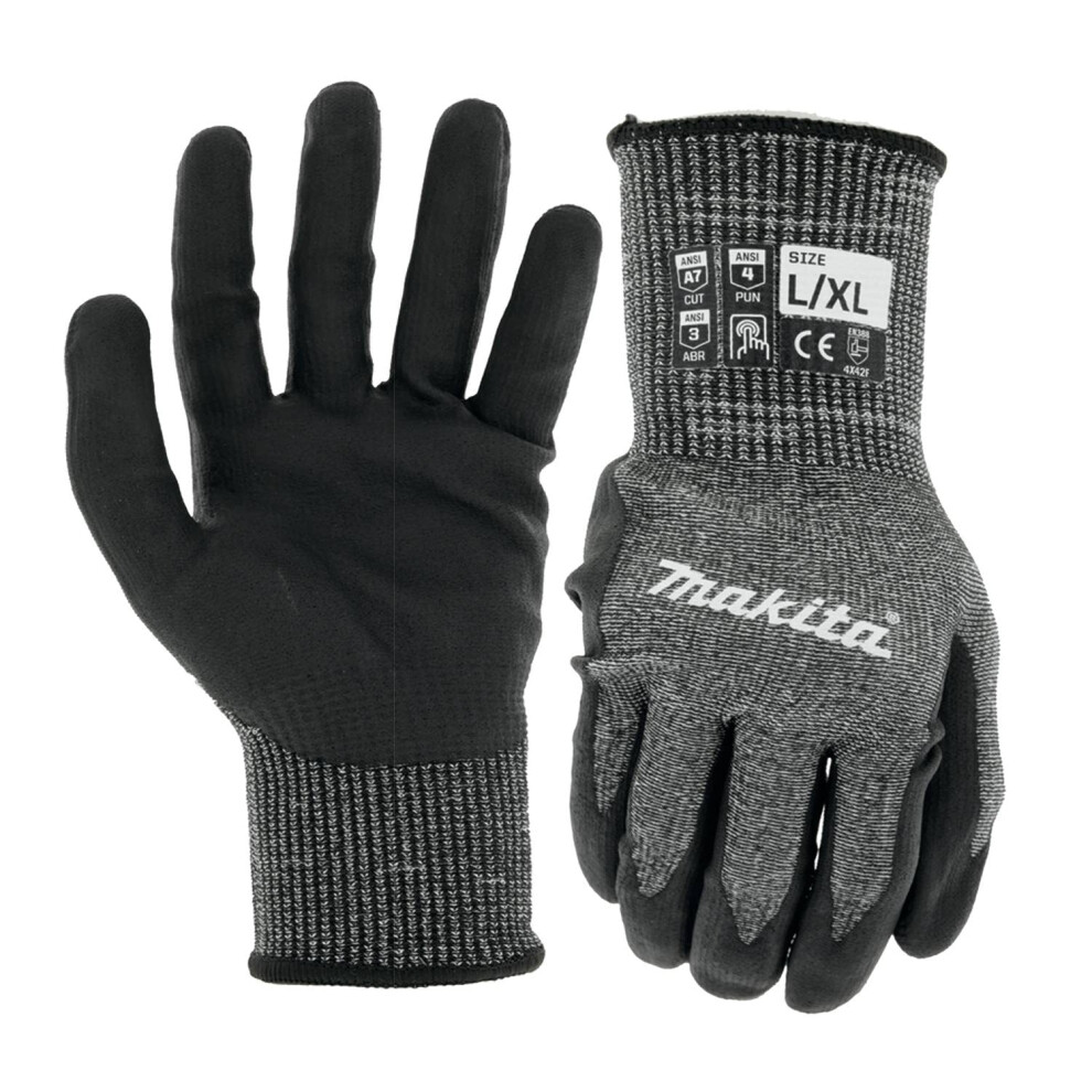 Makita Unisex Fitknit T 04145 Advanced FitKnit Cut Level 7 Nitrile Coated Dipped Gloves Large X Large  Gray/Black  Large X-Large US